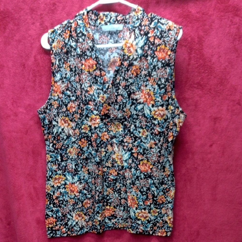 Floral Print Sleeveless Blouse - Black and Orange